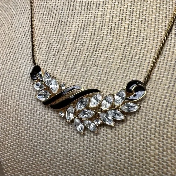 Trifari black enrramel clear crystal and gold tone necklace earrings vintage set